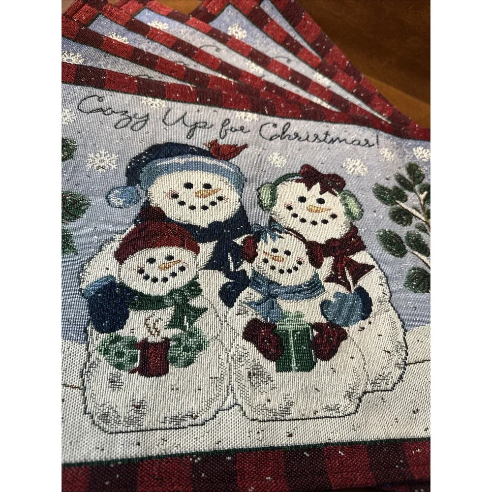 Christmas Winter Wonderland Tapestry Placemats Set of 6 Snowman Family& Cardinal